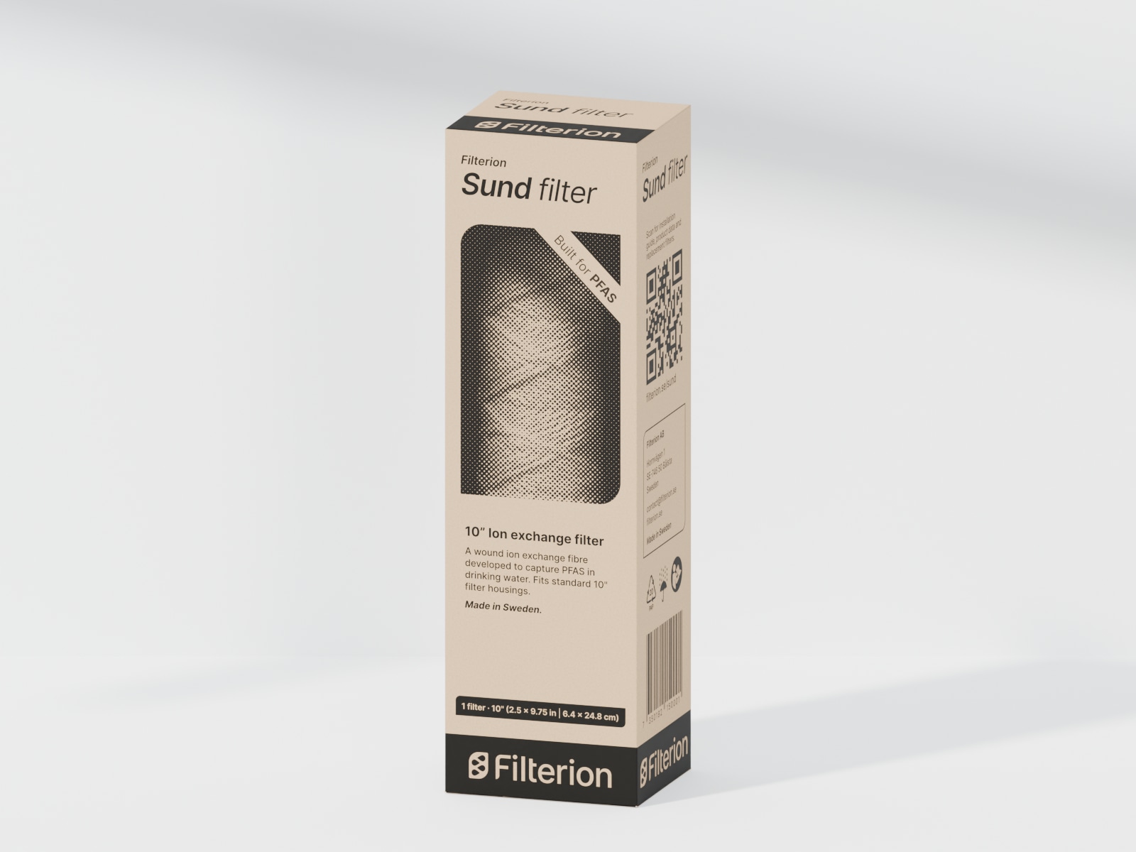 Filterion Sund single-cartridge kraft packaging, front and side view